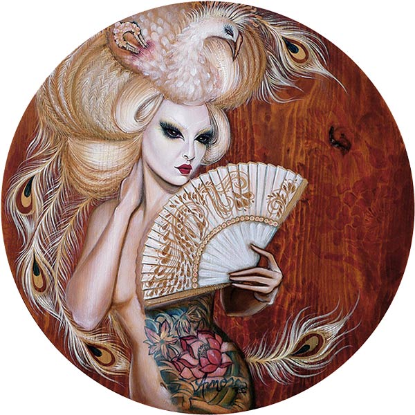 Crystal Sylver - "The Geisha of the Albino Phoenix" Oil on Wood, 18"x18" circle- 2011