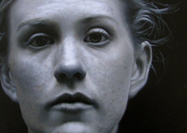 "Grey" a hyperrealistic painting by Jessie Rebik - A part of Baker + Hesseldenz' portrait show 