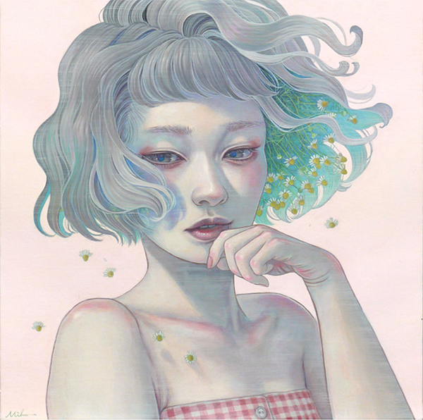 Miho Hirano painting of a grey-haired girl with blowing hair. One side of her hair has flowers springing out.