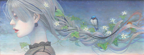 Miho Hirano painting of a girl with braided hair... full of green runners and birds.
