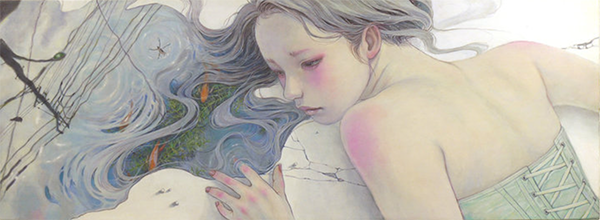 Miho Hirano painting of a fallen girl, with her wet hair turning into a puddle through which you can see fish and a Japanese street.