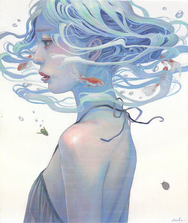 Miho Hirano painting of a girl in profile with her hair flying and full of fish.