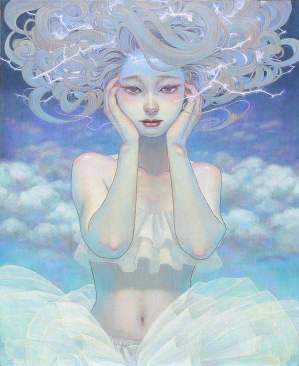 Miho Hirano painting of a girl with lightning in her pale hair.