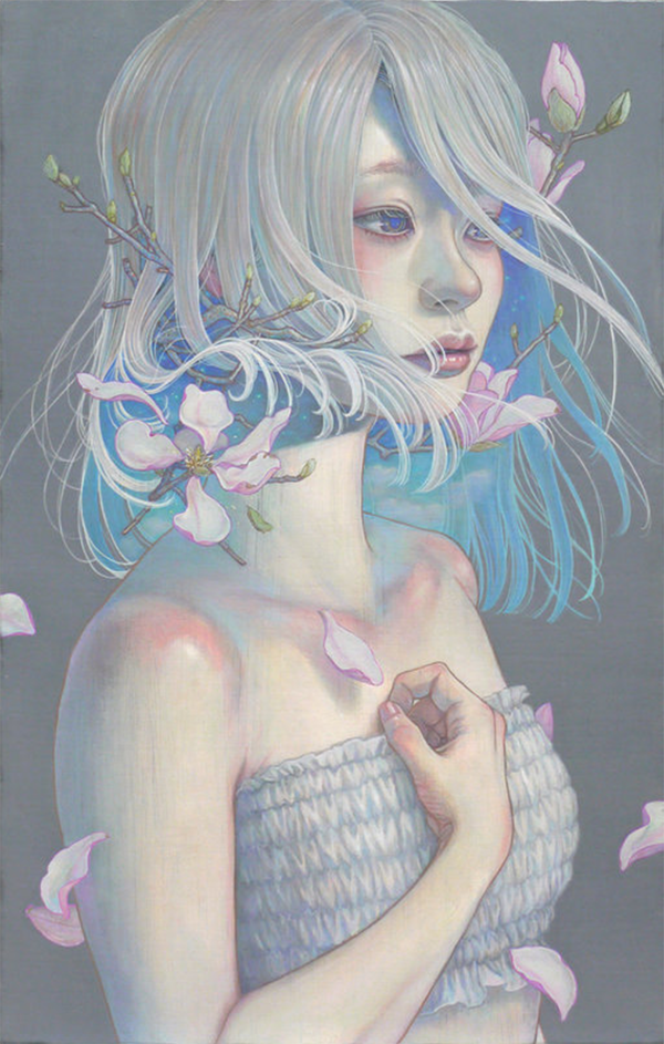Miho Hirano painting of a grey-haired girl with hair flipping up as flowers bloom out.