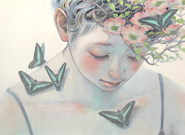 Miho Hirano painting of a girl looking downward, her hair full of primrose, and her shoulder and chest dotted with green butterflies.