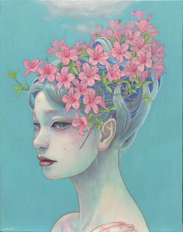 GIrl in profile with pink blossoms for hair, standing under a soft cloud and taking it rain into her hair. Her face has runnels of water.