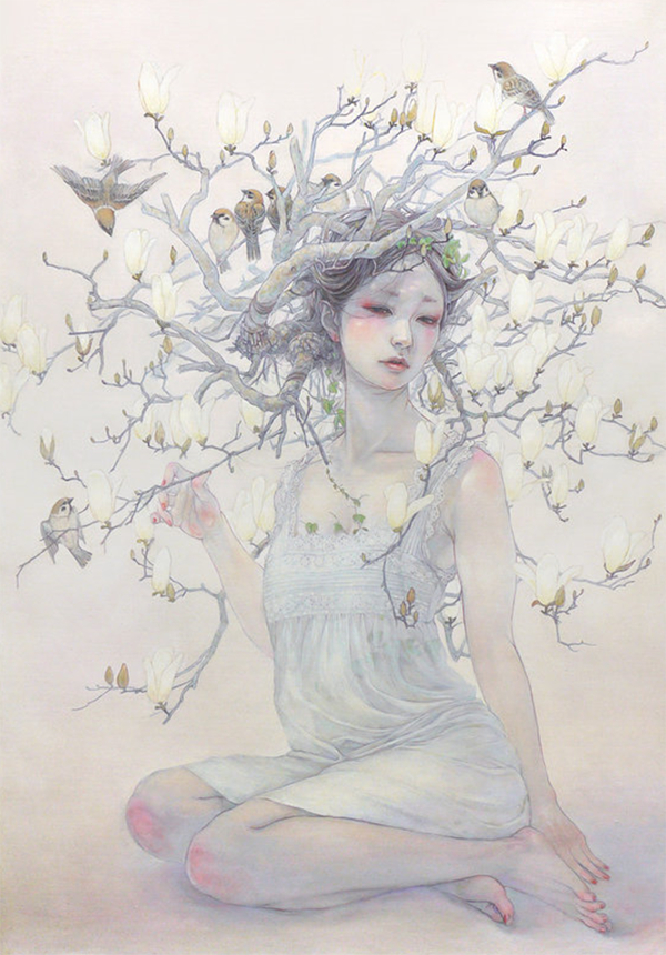 Miho Hirano painting of seated girl with magnolia tree growing from her hair.
