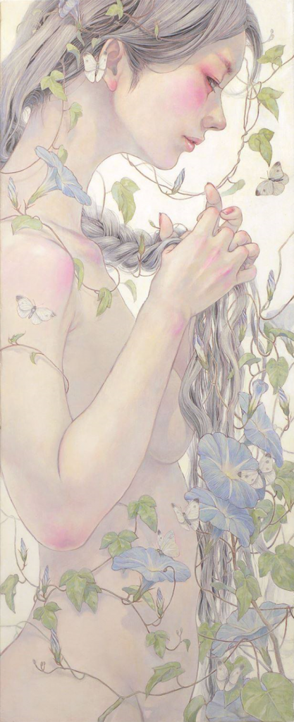 Miho Hirano painting of a girl with tight braids that are springing Morning Glory flowers.