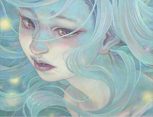Miho Hirano girl with troubled expression, pale hair, and fairylights in her hair.