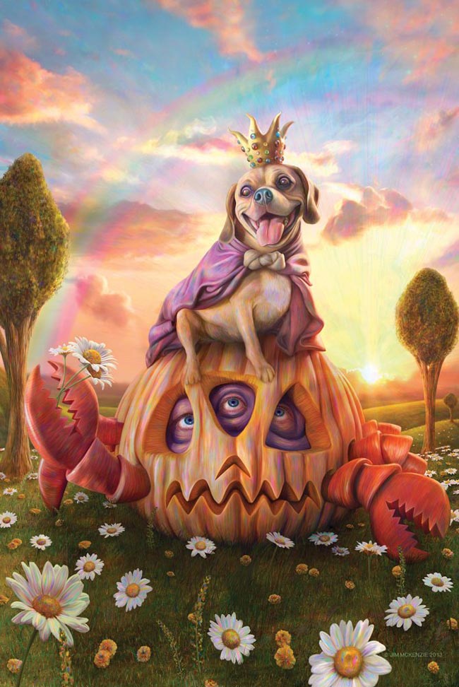Jim McKenzie surreal artwork dog sitting on pumpkin Have you changed your initial field/medium since beginning your artistic journey?