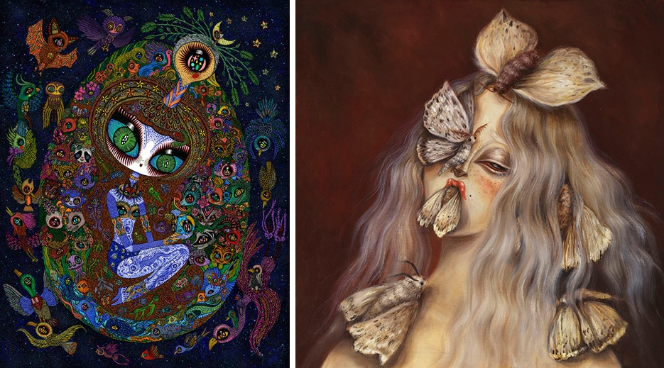 [Left] Ciou, "Cosmic Egg" 2019, Acrylic, ink, paper on wood, 60 cm x 80 cm [Right] Miss Van, "Moth Muse II" 2019, Oil on Canvas, 60 cm x 60 cm