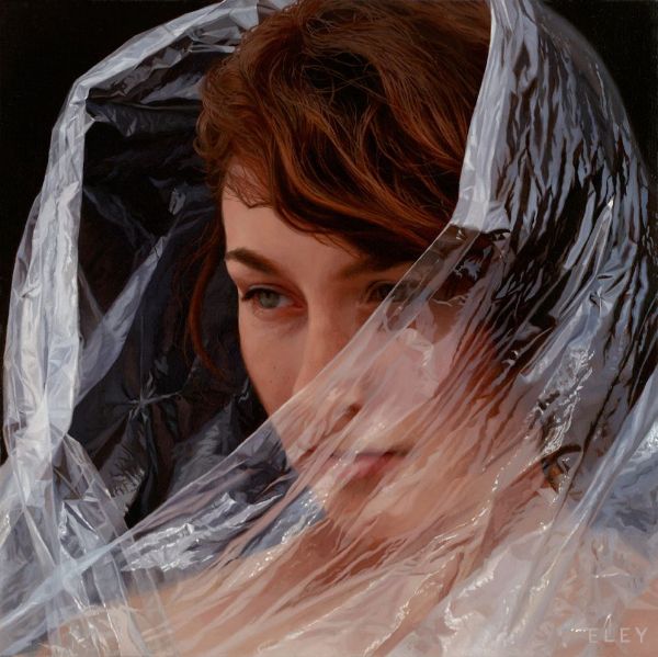 Robin Eley hyperrealistic painting woman red hair plastic veil