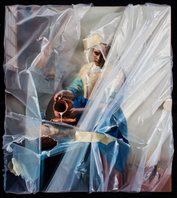 Robin Eley hyperrealistic plastic wrapped painting female pouring milkmaid portrait