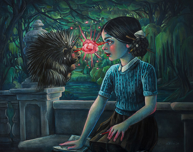 Lori Nelson pop surreal painting girl gazing into a hedgehogs eyes- What Are the 3 Main Do’s and Don’ts for Galleries When Working with Artists?