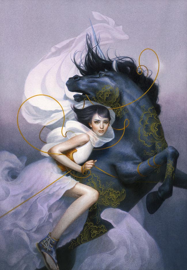 Tran Nguyen woman riding a black unicorn painting - What Is the Difference Between Selling Your Work Through a Gallery Rather Than Privately?