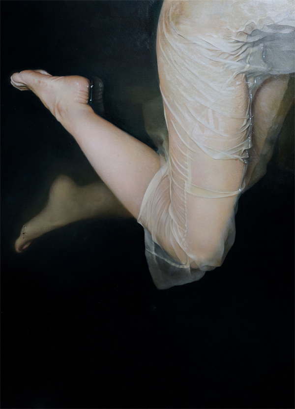 Anne-Christine Roda - Gaelle 111 figurative painting of legs of a girl in wet white dress