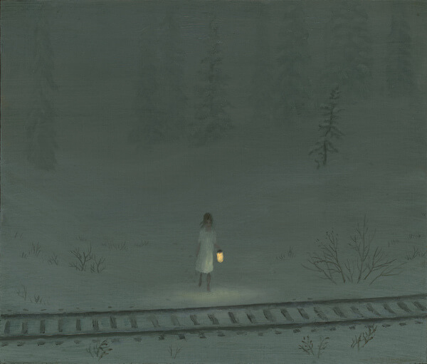 Aron Wiesenfeld girl in snow field before train tracks painting