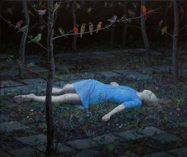 Aron Wiesenfeld girl lying down in garden painting