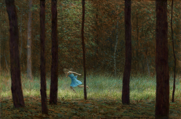 Aron Wiesenfeld girl running through forest painting