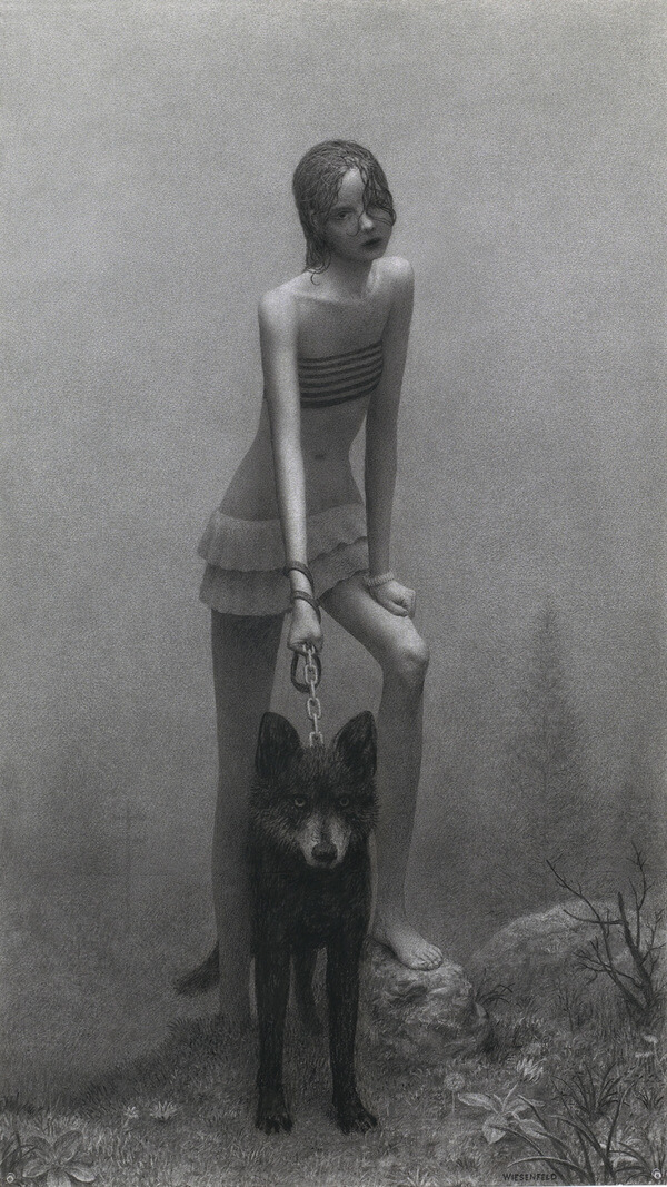 Aron Wiesenfeld girl and dog graphite drawing