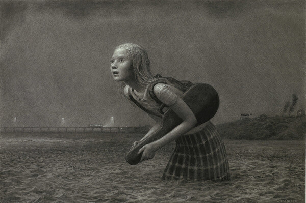 Aron Wiesenfeld girl in water graphite drawing