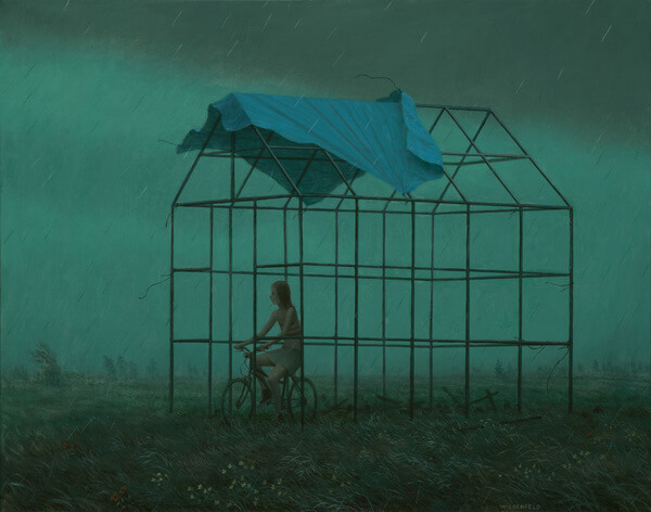 Aron Wiesenfeld girl on bike in dark field painting
