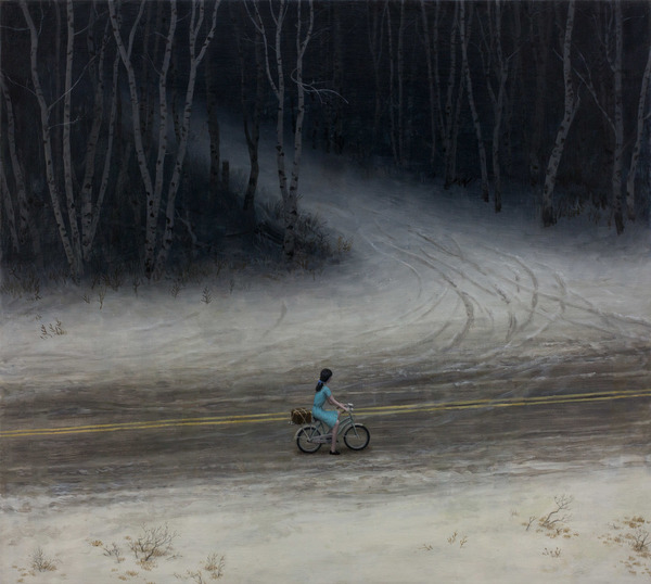 Aron Wiesenfeld girl riding bike past dark road painting