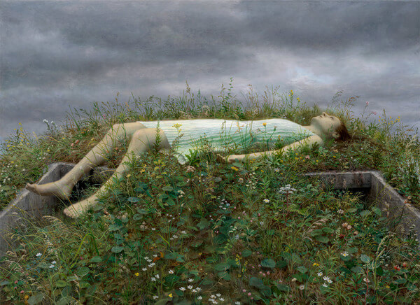 Aron Wiesenfeld girl lying down in grass painting