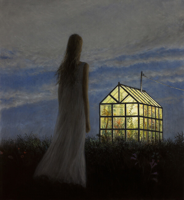 Aron Wiesenfeld girl and greenhouse at night painting 
