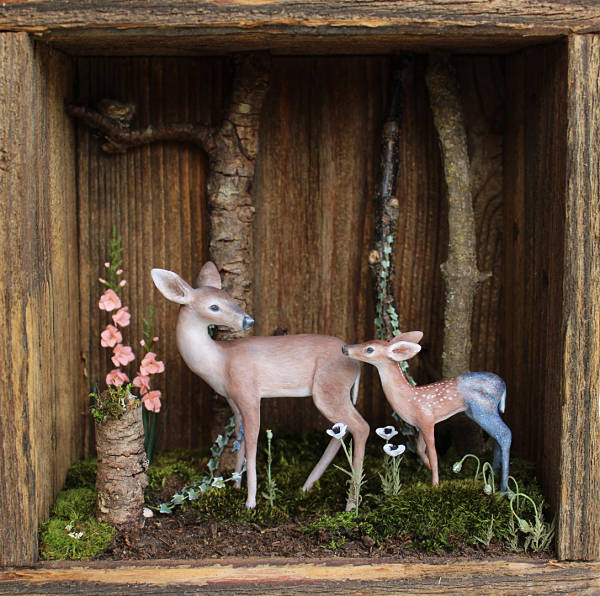 Meadow & Fawn "From the Stars" wooden shadowbox: hand sculpted polymer clay sculptures 