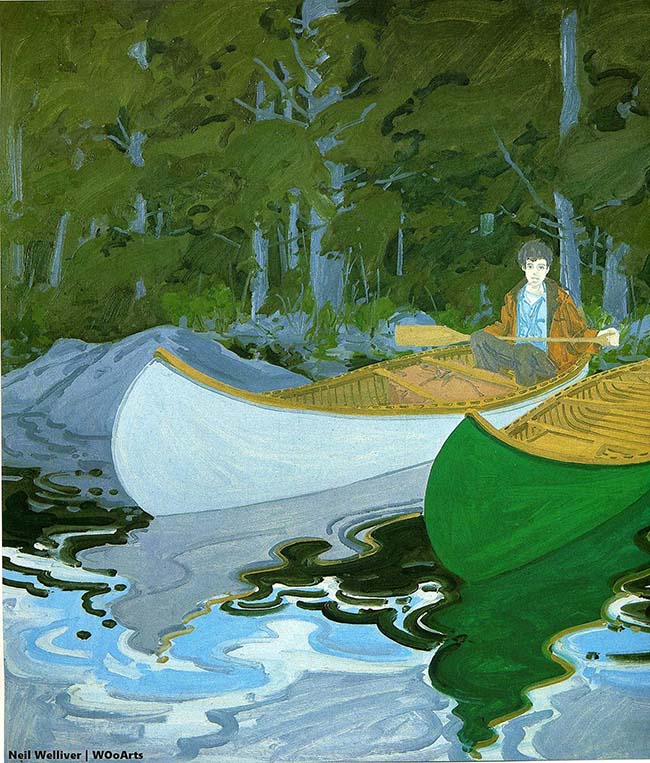 Neil Welliver surreal abstract man in boat paintings 