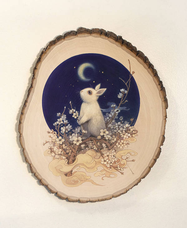 Phoenix Chan, "Branches #25", gouache and color pencils bunny on wood