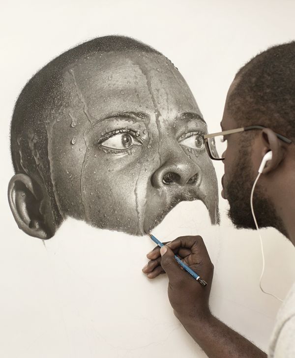 Arinze Stanley hyper-realistic work in progress drawing 