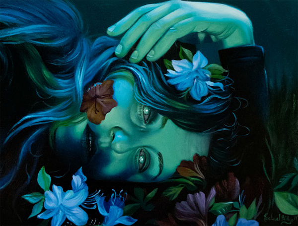 Rachael Bridge within, without surreal green portrait flowers painting 