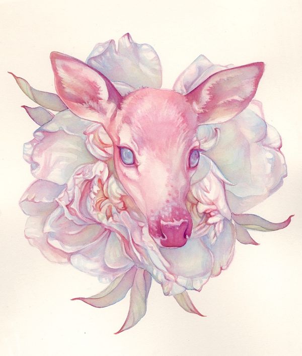 Tracy Lewis Full Bloom surreal watercolor flowers fawn painting 
