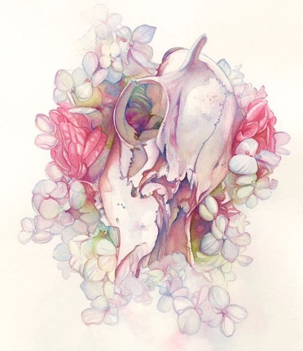 Tracy Lewis Full Bloom surreal watercolor skull painting 