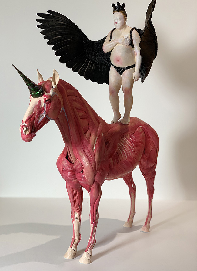 Ciane Xavier Winged woman on skinned horse sculpture