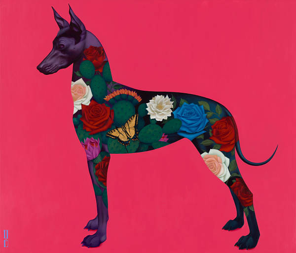 Gustavo Rimada "Xolo" vibrant tattoo dog painting at Haven Gallery