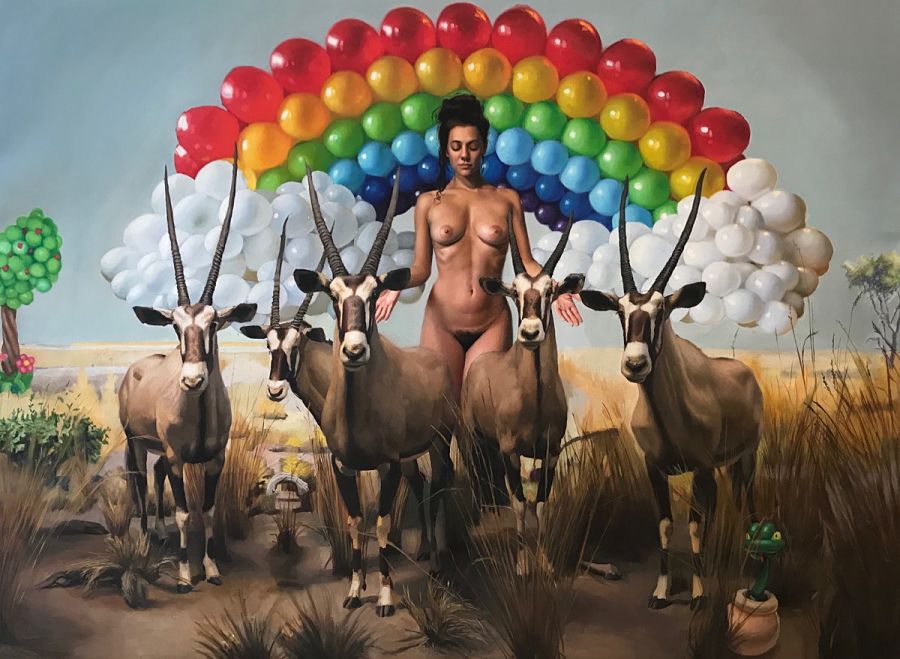 Marshall Jones surreal female nude balloons painting 