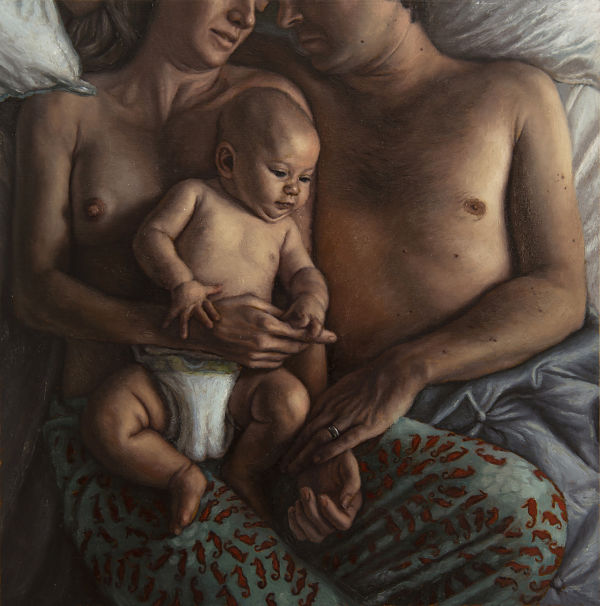 Michelle Lynn Doll realism nude couple with baby painting 