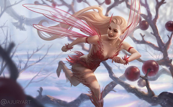 Digital painting by artist Alexandra Jury of a mischievous fairy running through a snowy forrest fleeing an owl