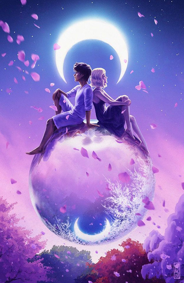 digital painting by Amy Kaufman, two figures sit on a silver globe beneath the moon, purple sky and landscape behind them
