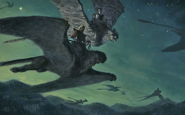 Oil Painting by David Still showing human riders flying in twilight on giant cats with wings
