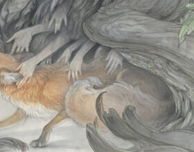 watercolor & sumi painting by artist Hope Doe. Fox touched by hands emerging from darkness. Started at IMC 2019