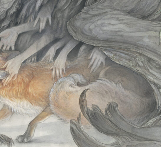 watercolor & sumi painting by artist Hope Doe. Fox touched by hands emerging from darkness. Started at IMC 2019