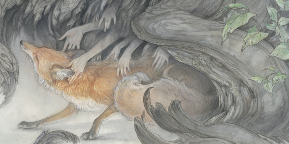 watercolor & sumi painting by artist Hope Doe. Fox touched by hands emerging from darkness. Started at IMC 2019