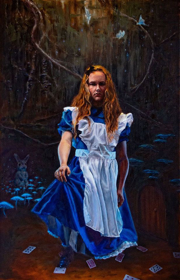 Painting by Michael Flint of Alice in Wonderland, moody and dark