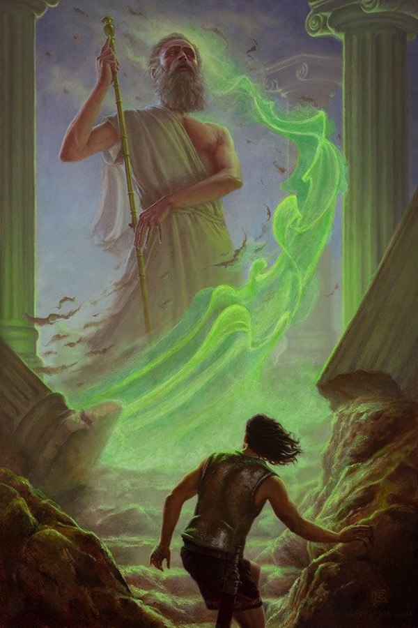 Oil painting by Nick Elias. A towering Greek god emits glowing green plasm