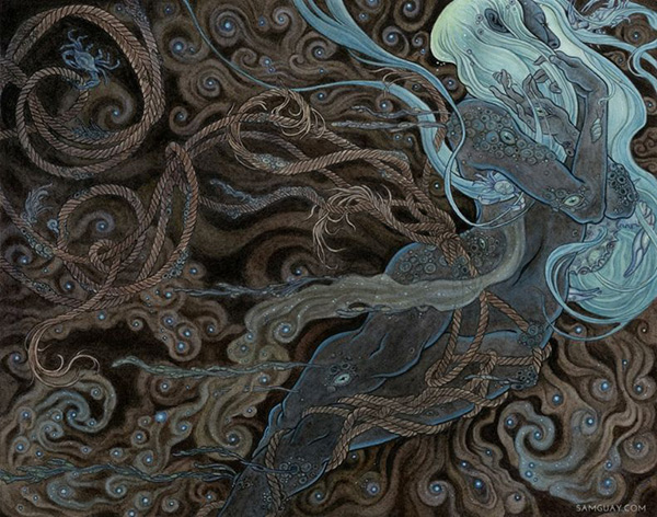 painting by artist Sam Guay ‘she shines in the abyss’ female figure amid spiraling ropes. Started at IMC art program 2019