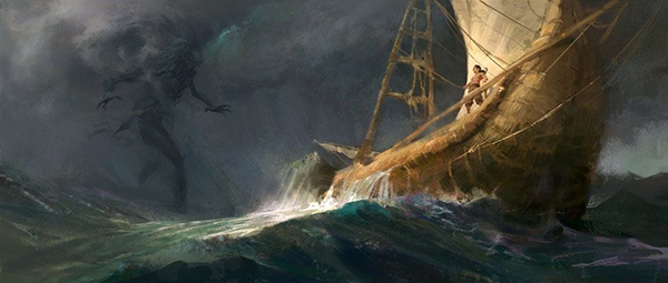 Digital illustration by Anthony Di Giovanni showing an ancient ship as sea as a giant entity emerges from an oncoming storm